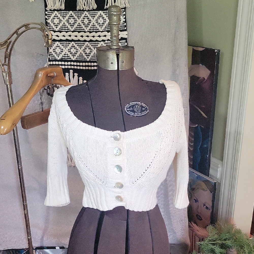 FP White Knit Button-Up Crop Sweater S